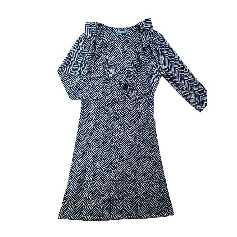 J. McLaughlin Women L Blue Green  Ruffle V-Neck Wrap Front Dress Catalina Cloth